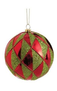 4 inches Plastic Ball Ornament - Glittered Green Pattern - Red/Green