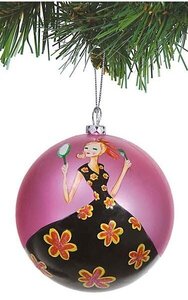 4 inches Ball with Girl Holding Mirror Ornament - Matte Pink/Black