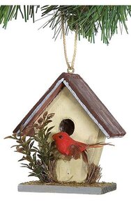 4 inches x 3 inches Wooden Bird House with Bird Ornament - Cream