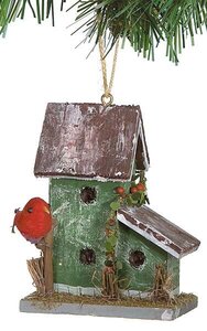 4 inches x 3 inches Wooden Bird House with Bird Ornament - Green