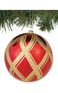 5 inches Plastic Shiny Ball Ornament - Glittered Diamond Pattern - Red/Gold