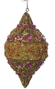 5 inches x 3 inches Jeweled Finial Ornament - Fuchsia/Gold