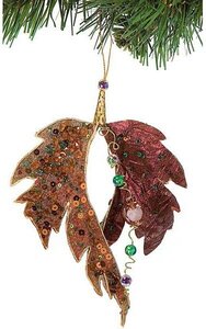 6.5 inches x 5 inches Beaded/Sequined Double Leafed Ornament - Copper/Green