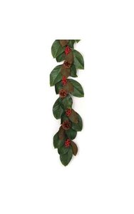 6 feet Magnolia Garland with Red Berries - Mix Green/Brown - 75 Tips