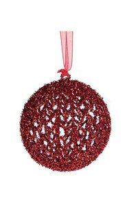 6 inches Plastic Tinsel Glittered Mesh Ball Ornament - Red