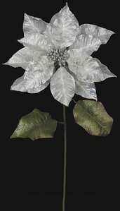 28 Inch Metallic Printed Poinsettia Stem - White/Silver