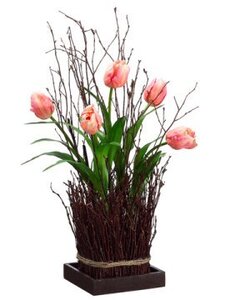 EF-168PK 	23 inches Tulip Standing Twig Bundle on Wood Tray Pink