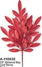23 inches Plastic Glittered Bay Leaf Spray - Red