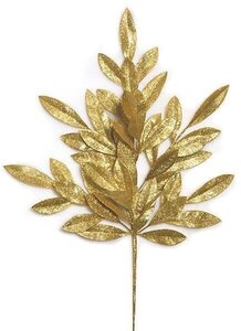 23 inches Plastic Glittered Bay Leaf Spray - 8 inches Stem - Gold