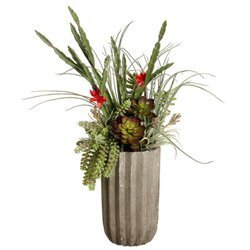 EF-3416 28"Hx20"Wx20"L Succulents in Fluted Cement Pot Green Red