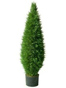 EF-1838  4.5 feet Potted Cypress Tower Topiary. Comes potted in a non-decorative container on an iron frame with 850 UV-Resistant leaves.