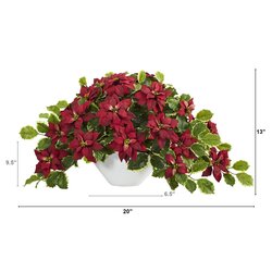 20" Poinsettia and Variegated Holly Artificial Plant in Oval White Planter (Real Touch)