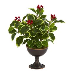 15" Variegated Holly Artificial Plant in Metal Chalice (Real Touch)