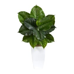 34" Large Philodendron Leaf Artificial Plant in White Metal Planter