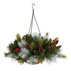 24" Holiday Pre-Lit (30 LED Lights) Pine and Berries Artificial Christmas Hanging Basket, Indoor Outdoor Patio Porch Decor