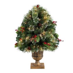 3' Holiday Pre-Lit Snow Tip Greenery, Berries And Pinecones Plant In Urn With 100 LED Lights