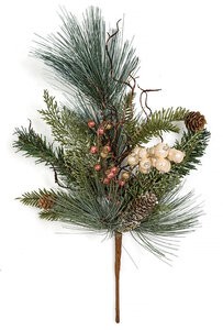18 Inch Mixed Leaf and Glittered Berry/Pine Cone Pick (Sold Per Piece)