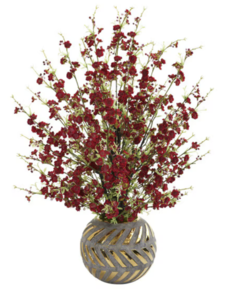 30” Red Cherry Blossom Artificial Arrangement In Stoneware Vase With Gold Trimming