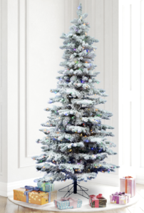 7.5' Flocked Utica Fir Slim Artificial Christmas Tree, 550 Multi-Colored LED Lights