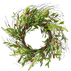 22" Artificial Green Olive Wreath. Features green foliage with dark orange olives.