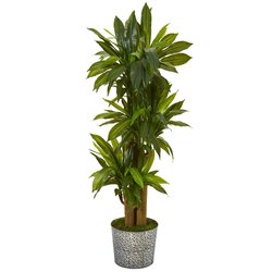 58" Corn Stalk Dracaena Artificial Plant in Black Embossed Tin Planter (Real Touch)