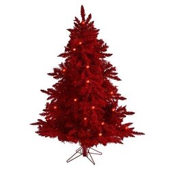5' Red Flocked Fraser Fir Artificial Christmas Tree with 250 Red Lights, 26 Globe Bulbs and 490 Bendable Branches