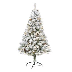 5' Flocked White River Mountain Pine Artificial Christmas Tree With Pinecones And 150 Clear LED L...