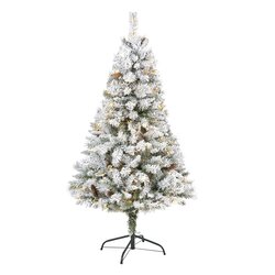 5' Flocked White River Mountain Pine Artificial Christmas Tree With Pinecones And 150 Clear LED Lights