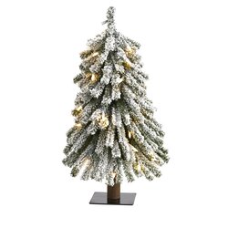 2’ Flocked Grand Alpine Artificial Christmas Tree With 35 Clear Lights And 111 Bendable Branches On Natural Trunk