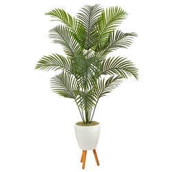 6.5' Golden Cane Artificial Palm Tree in White Planter with Stand