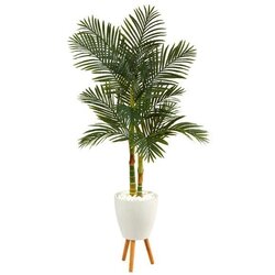 70" Golden Cane Artificial Palm Tree in White Planter with Stand