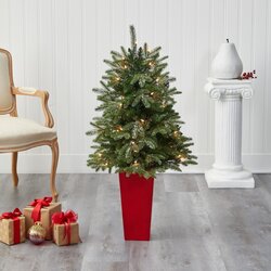44” Snowed Grand Teton Fir Artificial Christmas Tree With 50 Clear Lights And 111 Bendable Branches In Red Planter