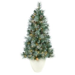 50" Frosted Tip British Columbia Mountain Pine Artificial Christmas Tree with 100 Clear Lights, Pine Cones and 228 Bendable Branches in White Planter