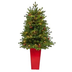 3.5' Yukon Mountain Fir Artificial Christmas Tree with 50 Clear Lights and Pine Cones in Red Planter