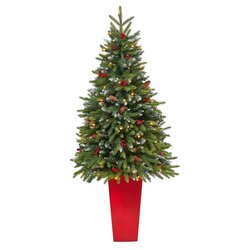 62" Snow Tipped Portland Spruce Artificial Christmas Tree with Frosted Berries and Pinecones with 100 Clear LED Lights in Red Tower Planter