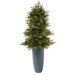 5' Yukon Mountain Fir Artificial Christmas Tree with 100 Clear Lights, Pine Cones and 386 Bendable Branches in Gray Planter