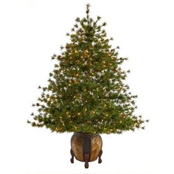 5.5’ Colorado Mountain Pine Artificial Christmas Tree With 250 Clear Lights, 669 Bendable Branches And Pine Cones In Decorative Planter