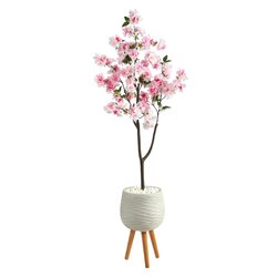 63” Cherry Blossom Artificial Tree In White Planter With Stand