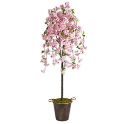 6' Cherry Blossom Artificial Tree In Decorative Metal Pail With Rope