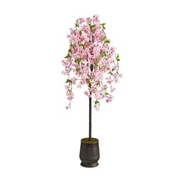 6' Cherry Blossom Artificial Tree In Ribbed Metal Planter