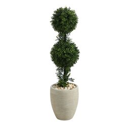 3.5' Boxwood Double Ball Topiary Artificial Tree in Sand Colored Planter (Indoor/Outdoor)