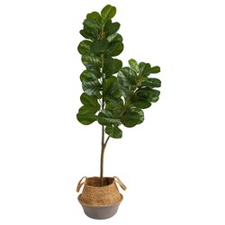 4.5' Fiddle Leaf Fig Artificial Tree with Boho Chic Handmade Cotton and Jute White Woven Planter