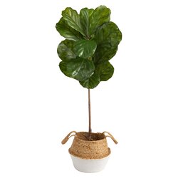 4' Fiddle Leaf Artificial Tree in Boho Chic Handmade Cotton & Jute White Woven Planter UV Resistant (Indoor/Outdoor)