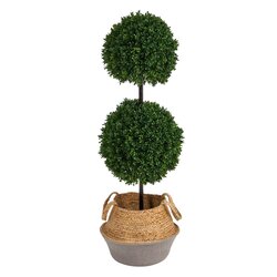 3.5’ Boxwood Double Ball Topiary Tree In Boho Chic Handmade Cotton & Jute Planter UV Resistant