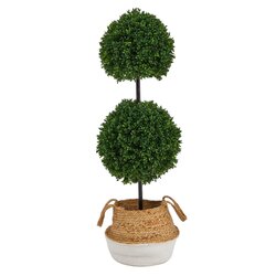 3.5' Boxwood Double Ball Artificial Topiary Tree in Boho Chic Handmade Cotton & Jute White Woven Planter UV Resistant (Indoor/Outdoor)