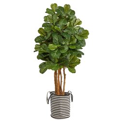 5' Fiddle Leaf Fig Artificial Tree in Handmade Black and White Natural Jute and Cotton Planter