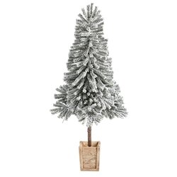 5' Winter Flocked Leaning Artificial Christmas Tree Pre-Lit with 150 LED Lights and 288 Bendable Branches in Decorative Planter