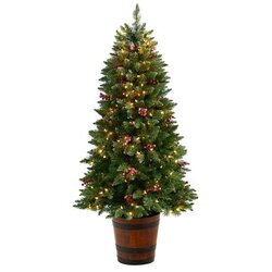 5' Frosted Colorado Aspen Pre-Lit Artificial Porch Christmas Tree with 200 LED lights, 426 Bendable Branches and Berries in Decorative Planter