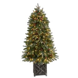 5' Colorado Fir Flocked Dusted Artificial Christmas Tree with 300 LED Lights, 514 Bendable Branches and Pinecones in Decorative Planter