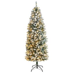6' Slim Flocked Montreal Fir Artificial Christmas Tree with 250 Warm White LED Lights and 743 Bendable Branches